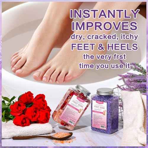 Foot Soak Kit -46 oz, Pack of 2 Natural Epsom Salt Rose, and Lavender- Essential Oils Foot Athletes Foot spa Itching,Foot Bath Salt Tea Tree Oil Foot Soak Foot Care Pedicure Feet spa Message
