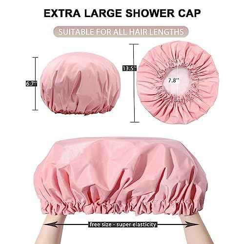 YIZIJIZI Shower Cap,Shower Caps for Women Reusable Waterproof,Two Layer Large Shower Caps Reusable Suitable for All Types of Straight Hair, Curly Hair, Long Hair,Braids (pink)