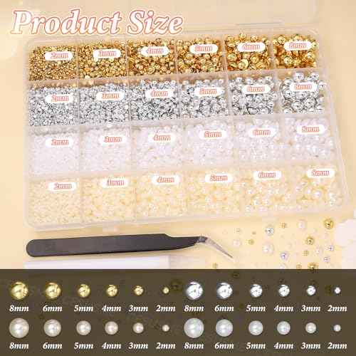 20000Pcs Gold Silver Flatback Nail Pearls for Crafts, Mixed Size 2-8mm Half Round Nails Beads Pearl for Nail Art, White Beige Pearl Gems for Crafts DIY Clothes Mugs Shoes with Pickup Tools