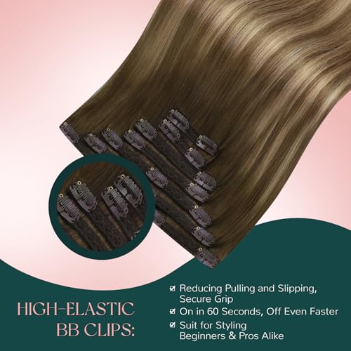 Easyouth Clip in Hair Extensions Balayage Thick Human Hair Clip in Extensions Dark Brown Fading to Caramel Blonde Mix Brown Clips in Extensions Real Human Hair Ease of Use 20 Inch 7Pcs 120G