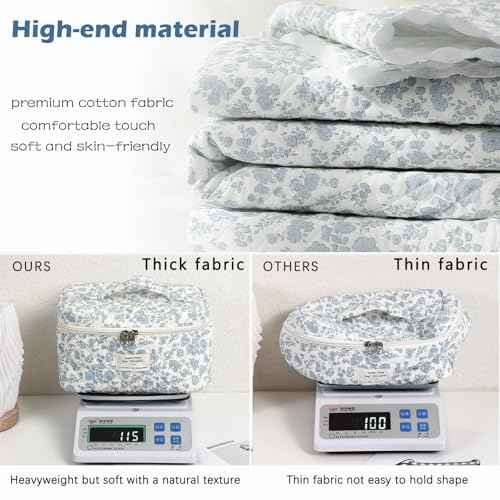 uekeboag Large Travel Quilted Makeup Bag for Women, Floral Cotton Cosmetic Bag, Coquette Aesthetic Floral Toiletry Organizer Bag