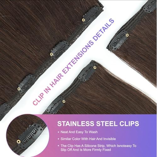 Dark Brown Clip in Hair Extensions, 24 Inch 120g, 2 Dark Brown Hair Extensions Real Human Hair, Invisible Seamless Remy Human Hair Clip Extensions for Women 8pcs Per Set with Double Weft