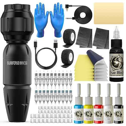 Wormhole Tattoo Kit Wireless Tattoo Machine Kit Tattoo Battery Pack Rotary Tattoo Practice Machine Kit 20 Tattoo Cartridge Needles Tattoo Gun Kit Wireless Tattoo Power Supply WTK112