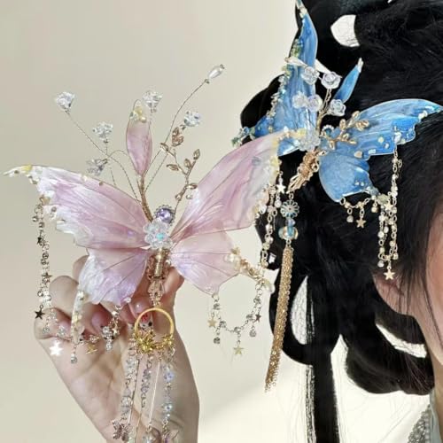 Fairy Butterfly Hair Clip - Pink Butterfly Wings Hair Accessories with Tassel Elven Hair Clamp Elf Claw Clip for Photoshoot Prom Wedding Fantasy Costume Cosplay,Lightweight and Durable