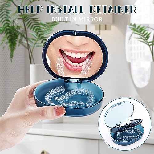 New Double-layer Retainer Storage Case with Belt Chewing,Removal Tool,Cleaning Brush,Built in Mirror Orthodontic Retainer Case