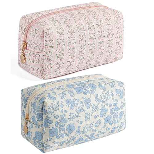 Makeup Travel Cosmetic Bag, Two Pack: Pink+Blue Floral, Zipper Closure, Durable Polyester, Perfect for Toiletry, Makeup, Travel