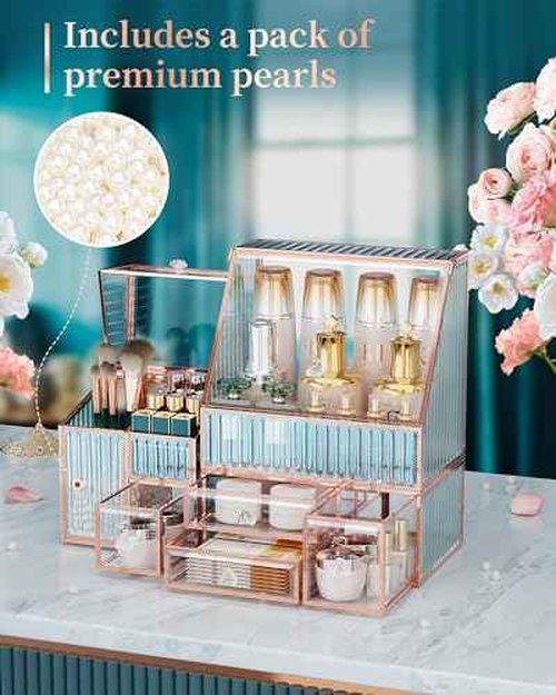 Youdepot Glass Makeup Organizer - Multi-Functional 3-in-1 Cosmetic Organizer for Skincare, Lipstick, Brushes - Vanity Organizer & Bathroom Organizer