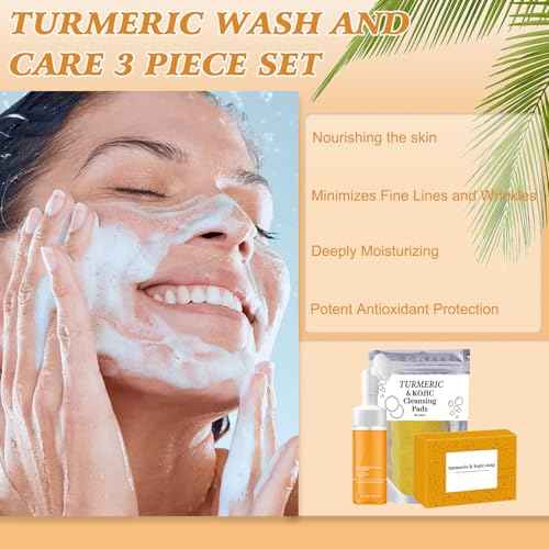 4Pcs Turmeric Wash and Care Three Piece Set,Turmeric Trio: Facial Wash,Cleansing Mousse & Soap for Skin Care,Turmeric Cleansing Exfoliating Pads,Turmeric Face Wash for Face & Body