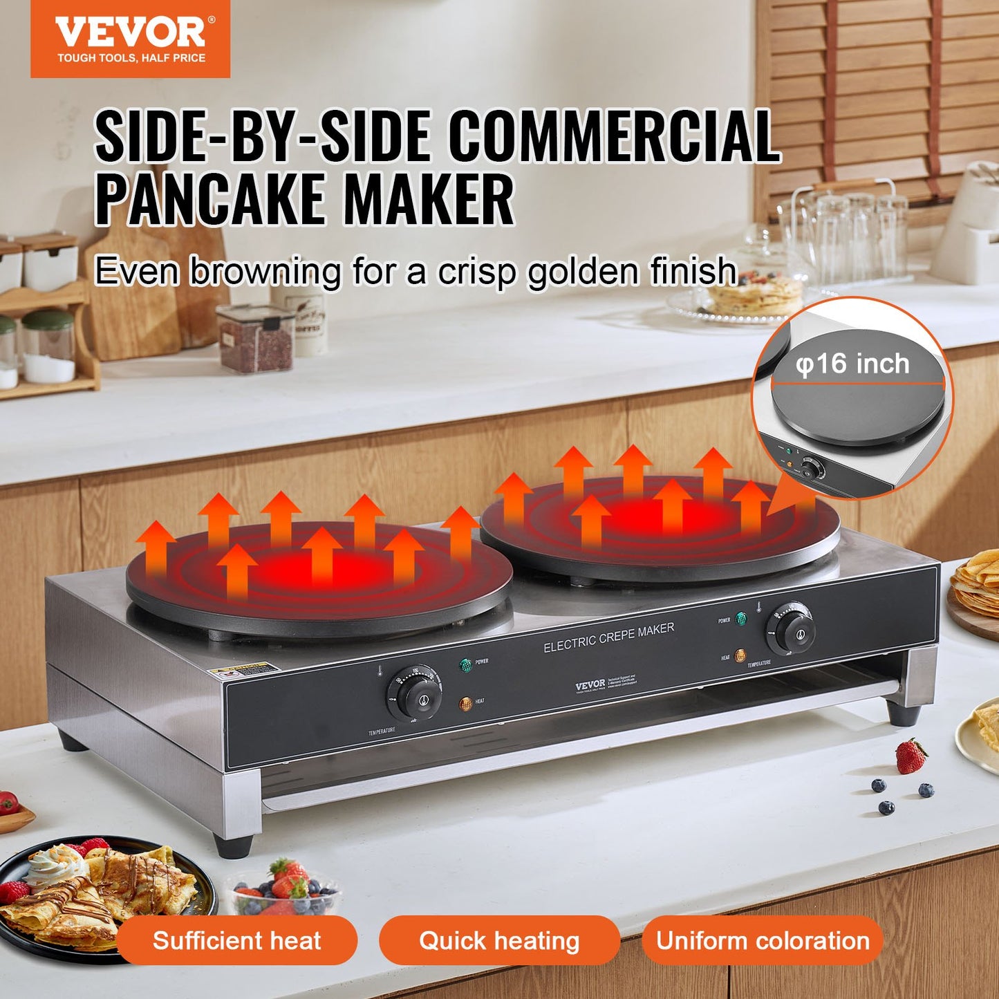 16-Inch Electric Crepe Maker Commercial Double Head 3400W Kitchen Appliance