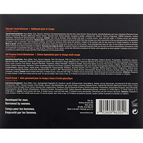 Anthony Face It & Go Kit, Set Includes Glycolic Facial Cleanser 3.4 Fl Oz. All Purpose Facial Moisturizer 3 Fl Oz. Facial Scrub 3.4 Fl Oz.