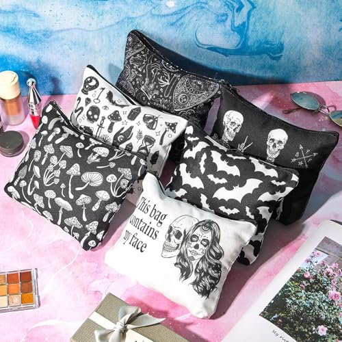 Amylove 6 Pcs Halloween Makeup Bag Goth Purse Gift for Women Portable Skeleton Cosmetic Makeup Zipper Pouch Funny Travel Zipper Gothic Purse Spooky Gifts for Party Favors