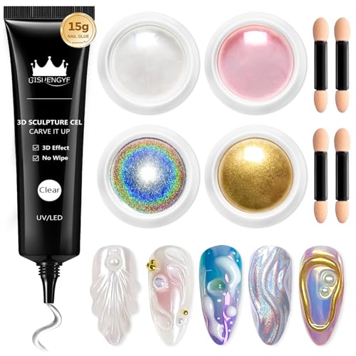 3D Nail Gel Art BISHENGYF - Rose Gold Chrome Nail Powder 15g 3D Nail Gel with Laser White Nail Powder Non-Sticky Clear 3D Sculpting for Art Home DIY