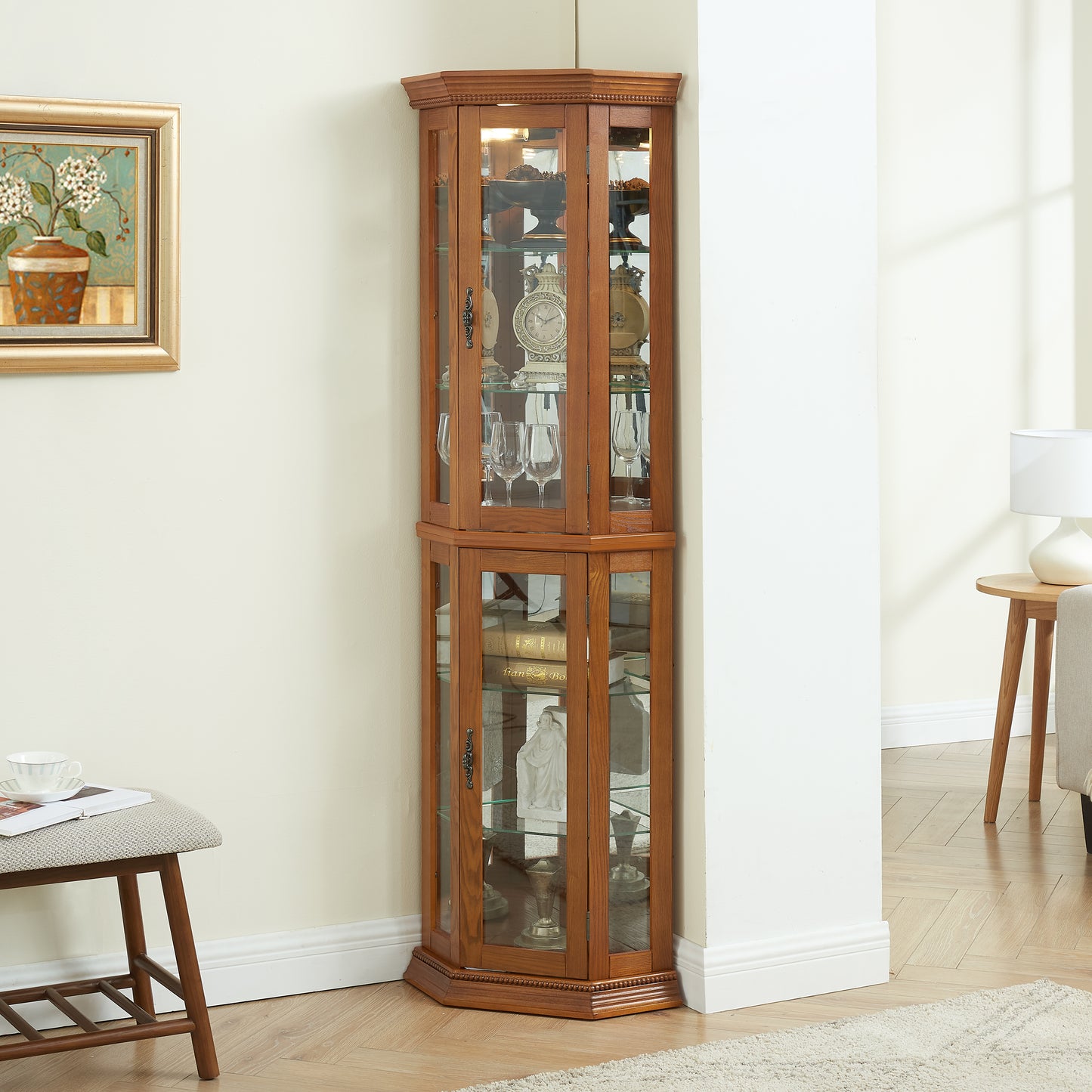 Corner Curio Cabinet Lighted Display, Glass Display Shelf Shelving