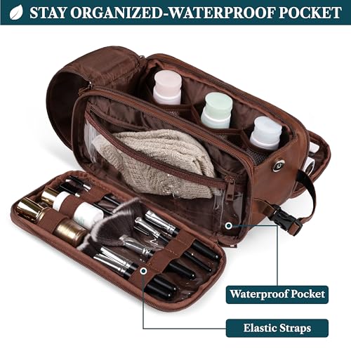 PAVILIA Toiletry Bag for Men Women, Mens Travel Bag Toiletries Organizer Case for Grooming, Travel Essentials Shaving Dopp Kit, PU Leather Water Resistant Cosmetic Pouch, Brown