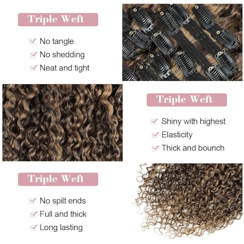 Urbeauty Curly Clip in Extensions Remy Human Hair Brown Highlight Blonde Natural Wavy Hair Extensions 20 Inch 120g Triple Weft Clip in Hair Extensions Full Head Kinky Curly Human Hair 4/27 Color
