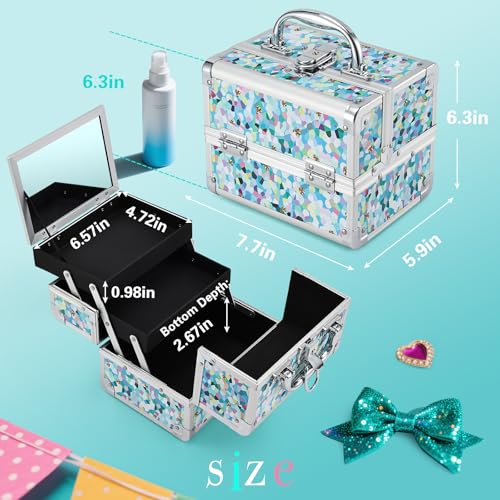 FRENESSA Makeup Case Train Case Portable Kids Makeup Box with Mirror Lock Box Travel Cosmetic Train Cases Hard Makeup Organizer for Girls Nail Craft Storage Vanity Mosaic Puzzle