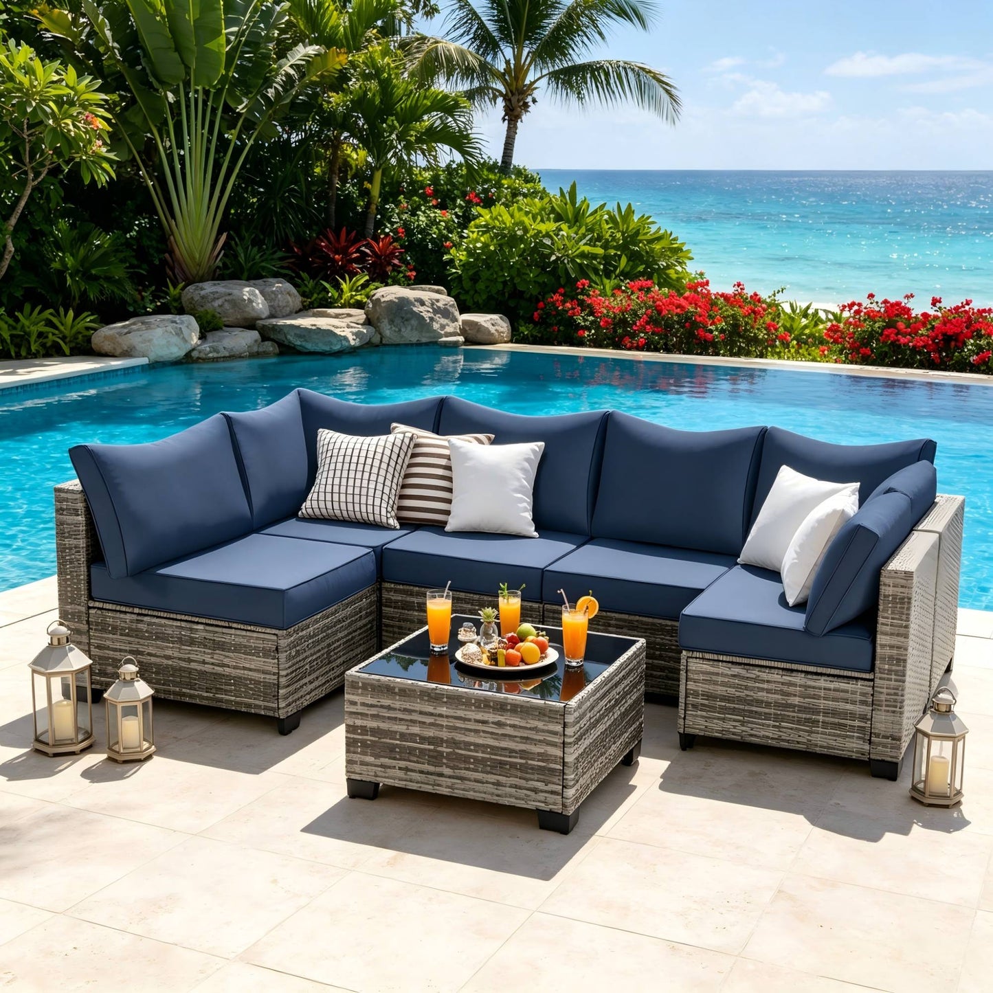7-Piece All-Weather Wicker Patio Sofa Set with Cushions - Grey-Blue