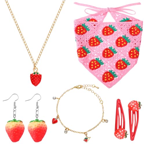 6 Pcs Strawberry Accessories Set Strawberry Crochet Hair Bandana Necklace Earrings Bracelet Hair Clips for Gifts