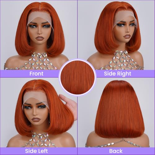 Ginger Orange Bob Lace Front Wigs Human Hair 13x4 HD Transparent Lace Frontal Wigs Pre Plucked Short Bob Wig Straight Wig with Baby Hair #350 Natural Hairline for Black Women 180% Density 10 Inch
