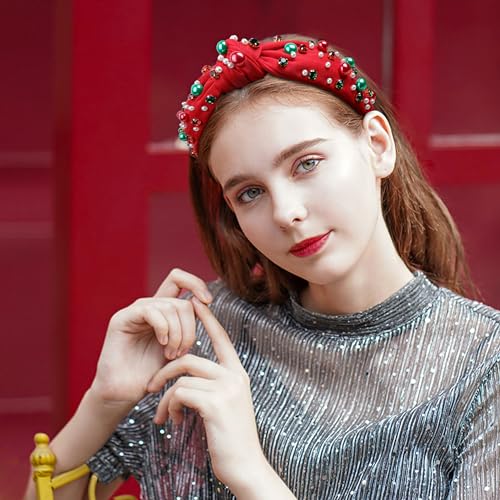 Ivyu Christmas Headbands for Women Adults Girls Red Headband with Jeweled Pearl Sparkly Headbands