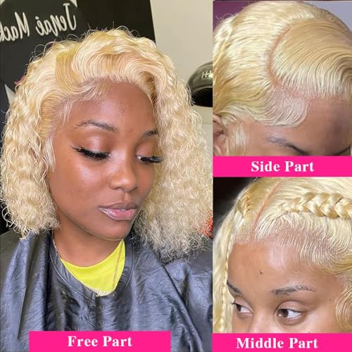 12 Inch 613 13x6 Lace Front Wigs Human Hair Blonde Bob Human Hair Wigs Short Curly Bob Wigs for Black Woman Glueless 613 Frontal Wigs Pre Plucked With Baby Hair 180% Density