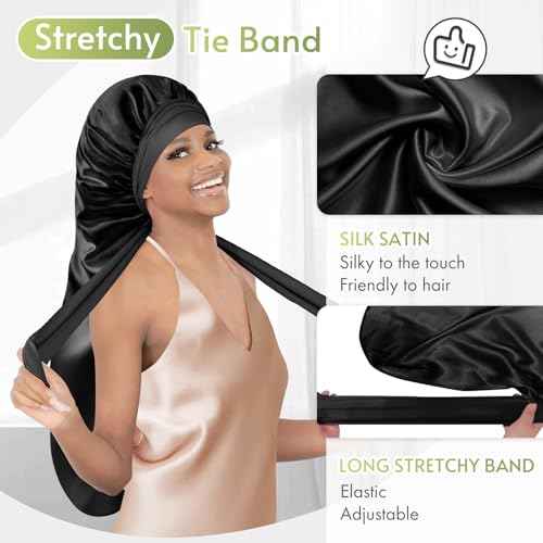 BONNET QUEEN Braid Bonnet Silk Bonnet Foldable Extra Long Wrap for Braids Satin Bonnets with Tie Band Long Sleep Cap, Black