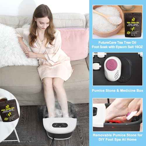 Foot Spa Bath Massager with Heat Bubbles and Vibration Massage and Jets, 16 OZ Tea Tree Oil Foot Soak Epsom Salt, Foot Soaker with Red Light, 22 Massage Rollers, Adjustable Temp -Black