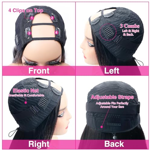 U Part Wigs With Drawstring for Women Straight Human Hair Wigs 200% Density U Part Human Hair Wigs Can Be Dyed and Bleached(#1B Natural Black, 20 inch)