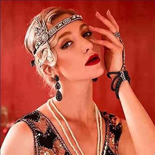 GORTIN 1920's Flapper Headband Inspired Leaf Headpiece Rhiestones Pearl Headdress Cocktail Party Bride Wedding Flapper Hair Accessories for Women and Girls (Silver)