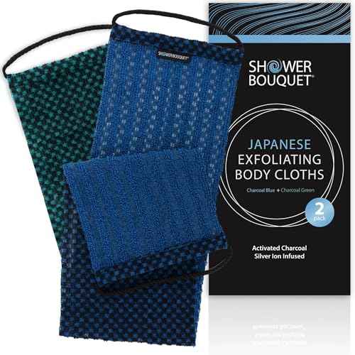 Japanese Exfoliating Washcloth for Back & Body 2-Pack - Charcoal & Silver Ion Exfoliating Towel with Handles - Two-Sided Gentle Exfoliation & Deep Cleanse Body Wash Cloths for Shower - 1 Blue, 1 Green