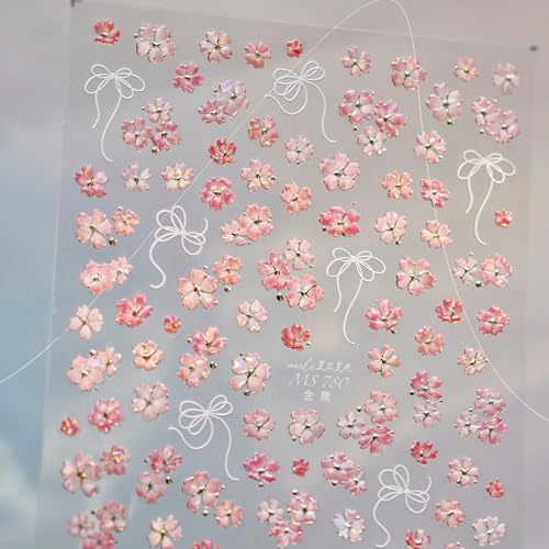 5D Embossed Pink Flower Nail Stickers Self-Adhesive Spring Summer Nail Art Stickers White Bow with Cherry Blossoms Gold Glitter Design Nail Art Supplies Floral Nail Decals for Women Acrylic Nails