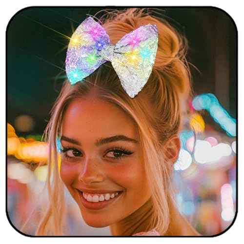 Woeoe Light Up Sequin Hair Bows Clips Glitter Bow Hairpin Glow Hair Bows Accessories Birthday Party for Women and Girls (Silver)