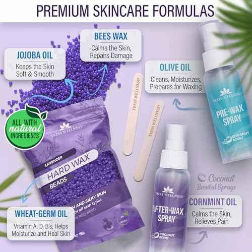 Tress Wellness Waxing Kit for Sensitive Skin, Safe for Face & Skin, Prep & Aftercare Spray, Easy to Use, At-Home Kit for Face, Bikini, Brazilian & Full Body - Digital Display, Black Purple Flower