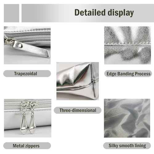 3pcs Make up Bag Set Travel Makeup Bags for Women Leather Cosmetic Bag Toiletry Organizer Bag Personalized Makeup Pouch Skincare Bag Silver