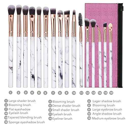 Eye Makeup Brushes DUAIU 16Pcs Eyeshadow brushes Eyebrow Eyeliner Blending Brush Premium Synthetic & Marble Handle Brushes sets with Pink Cosmetic Bag
