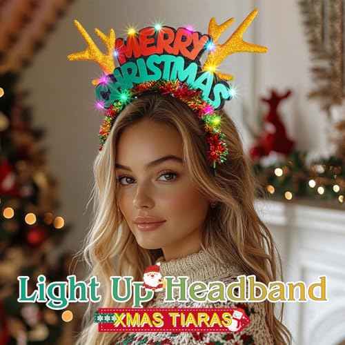 ACEDRE Light Up Merry Christmas Headband Glowing Led Xmas Reindeer Antlers Headpiece Holiday Festive Costume Hair Accessory for Women