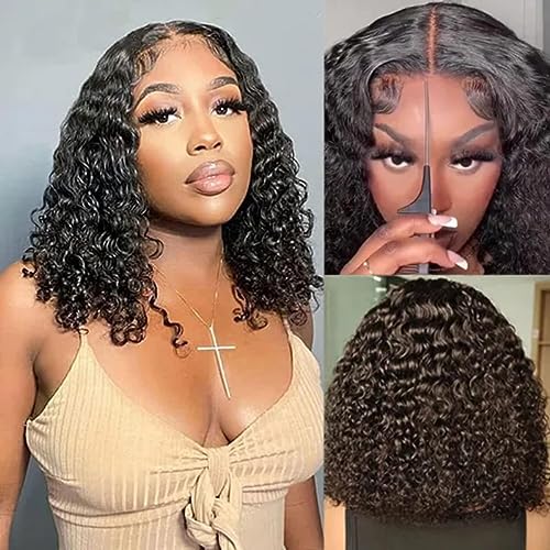 ISEE Wear and Go Glueless Wigs Bob Wigs Human Hair Pre Plucked Water Wave Lace Front Wigs Human Hair Upgraded No Glue Transparent Lace Closure Wigs Human Hair for Women Natural Black 14 Inch