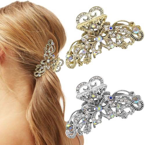 2PCS Fancy Hair Claw Jaw Clips Flowers Hair Claws Vintage Rhinestone Crystal Hair Clamps Retro Chic Hair Barrette Decorative Hair Catch Updo Grip Strong Hold Hair Accessories for Women and Girls