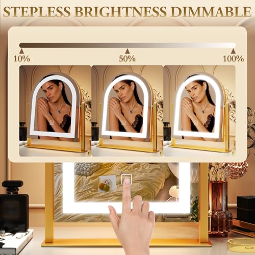 Lighted Makeup Mirror with 3-Color Dimmable Lighting, with Removable 10x Magnifier, Smart Touch Control, 360¡Æ Rotation, 15" x 13" Hollywood Vanity Mirror for Tabletop Desk (Gold)