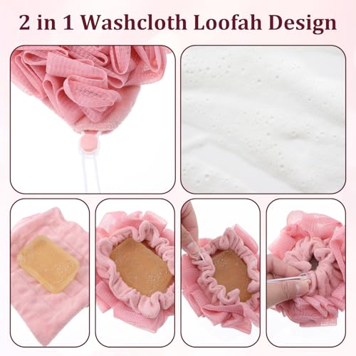 6 Pack Soap Bar Loofah, 2 in 1 Loofah Washcloth Combo, Bath Sponge with Drawstring, That Holds Bar Soap for Cleansing and Smooth Skin (6 Colors, 6.7 x 6.7 Inch)