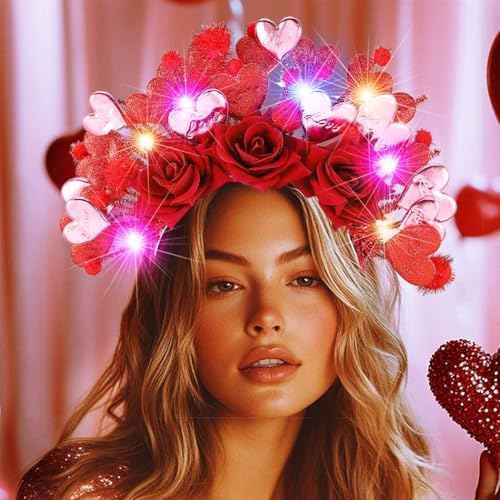 Fashey Light Up Heart Headband Led Flashing Valentine Headbands Red Flower Hairband Festival Party Costume Hair Accessories for Women and Girls