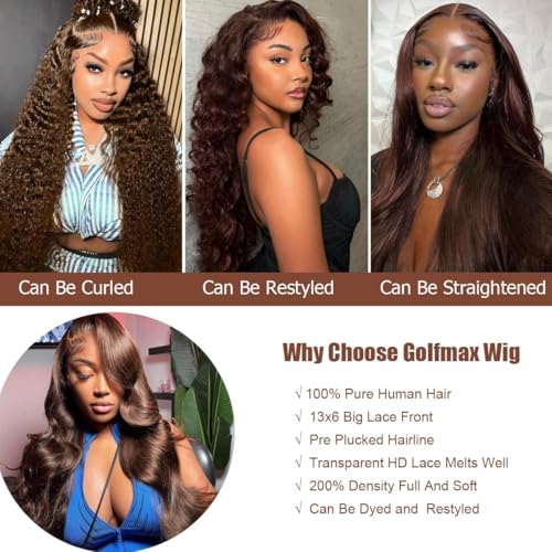 GOLFMAX Chocolate Brown Lace Front Wig 13X6 Lace Front Wig Body Wave Human Hair Pre Plucked With Baby Hair Brown Wigs Human Hair 18 Inch