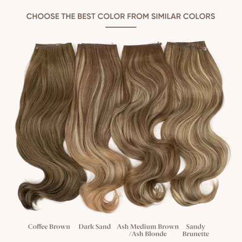 SARLA Invisible Wire Hair Extensions with 3 Clips Long Synthetic Wavy Curly Hairpiece Adjustable Transparent Headband for Women 18 Inch Ash Medium Brown/Ash Blonde Highlights