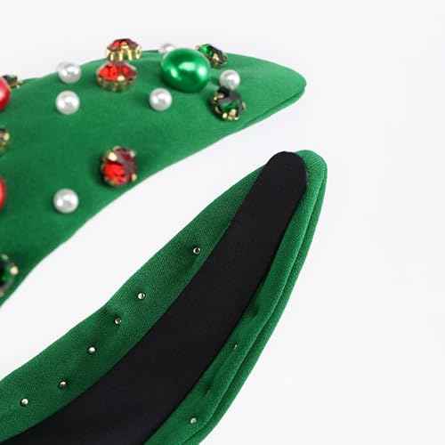 Christmas Green Headband for Women Girls Knotted Headband Red Green Pearl Rhinestone Wide Top Knot Headpiece Holiday Hair Accessories Dress Outfits Gifts