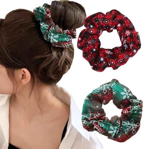 Christmas Hair Scrunchies Snowflake Hair Bands Soft Elastic Scrunchy Ponytail Holder Hair Ties Red Green Snow Flake Plaid Design Hair Scrunchy for Women Girls Silk Hair Ropes Festival Party Supplies