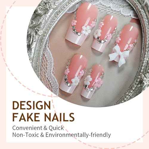 24Pcs Press On Nails Long Square Fake Nails Press Ons With Rhinestone Bow Design White French False Nails Pink Glossy Glue On Nails Full Cover Stick On Nails For Women Nail Supplies