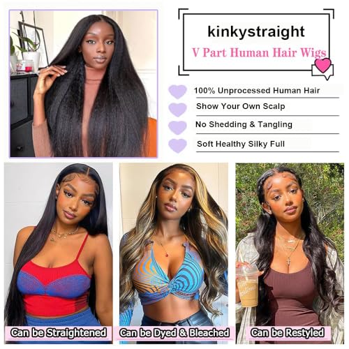 V Part Wigs Human Hair Kinky Straight Human Hair Wig Upgrade U Part Human Hair Wig for Black Women V Part Half Wigs Glueless Wear and Go No Leave Out No Sew In 180% Density Natural Color 20 inch