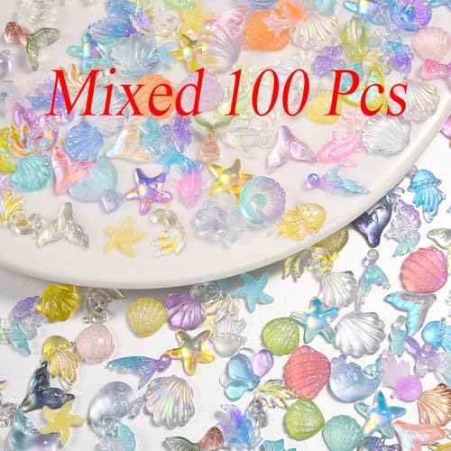 100 Pcs Marine Life Nail Charms, 3D Resin Charms Mermaid Jellyfish Seashell Starfish Nail Rhinestones Glow in The Dark Designs for Women Nail Supplies Summer Beach DIY Crafts Manicure Decoration