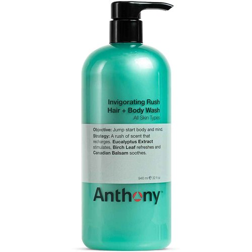 Anthony Mens Body Wash and Shampoo: Invigorating Rush 2-In-1 Liquid Gel Soap & Hair Shampoo, Pine Wood Scent, Hydrating with Eucalyptus, Canadian Balsam, Birch Leaf, Charcoal, Sea Kelp, 32 Fl. Oz
