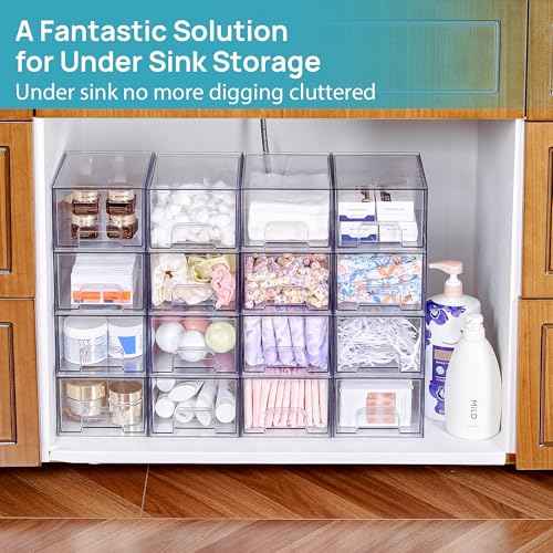 Vtopmart 4 Pack Small Clear Stackable Storage Drawers,Acrylic Bathroom Makeup Organizer,Plastic Storage Bins For Vanity, Undersink, Kitchen Cabinets, Pantry, Home Organization